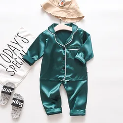 Children Silk Satin Pajamas Set Kids Cartoon soild Tops Trousers 2Pec Spring Autumn Baby Boys Girls Casual Home Sleepwear