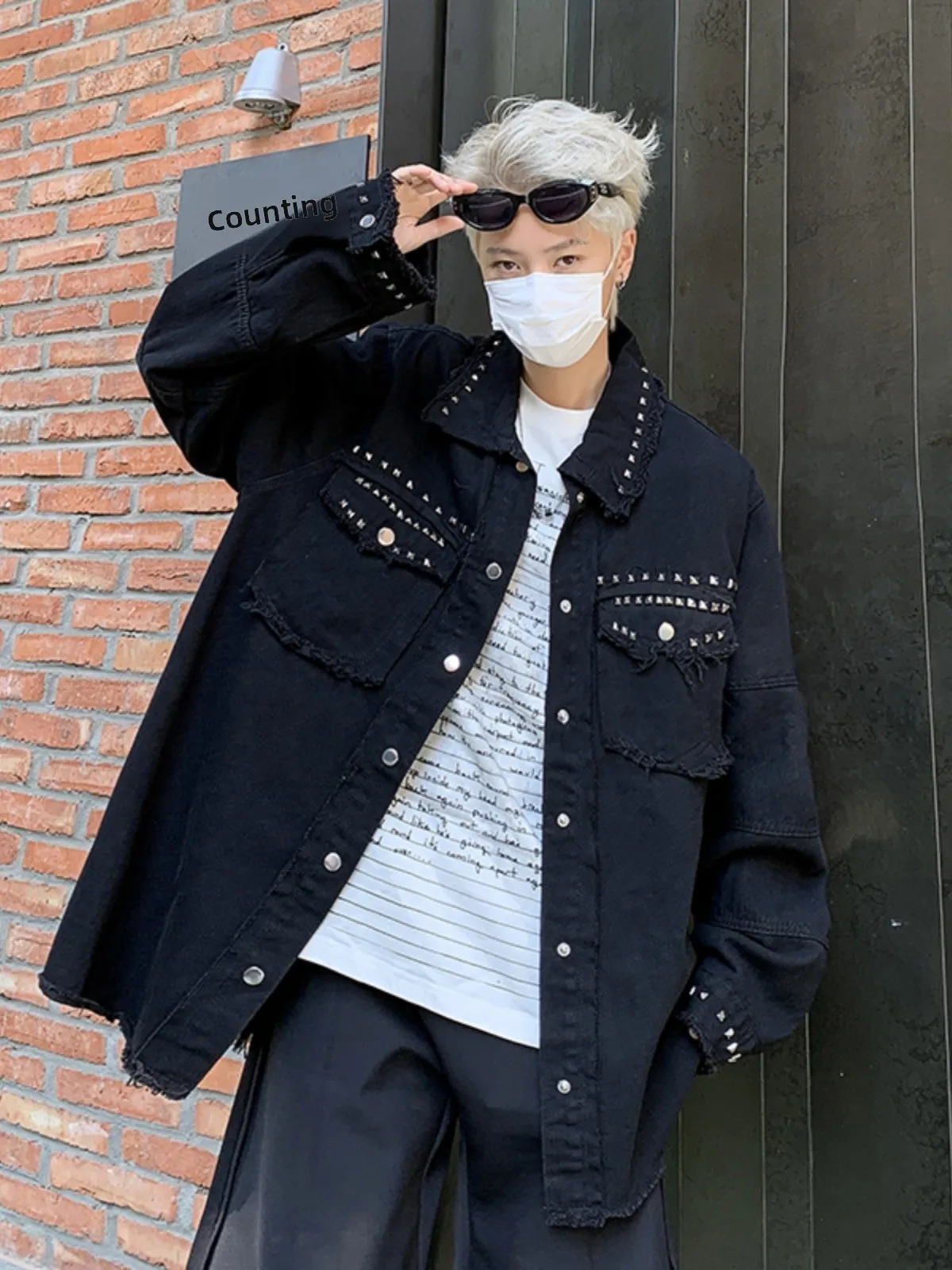 

Deconstructed Rivet Denim Jaet Men's Trendy American High Street Couple Outerwear Spring Autumn Loose Haome Workwear Clo...