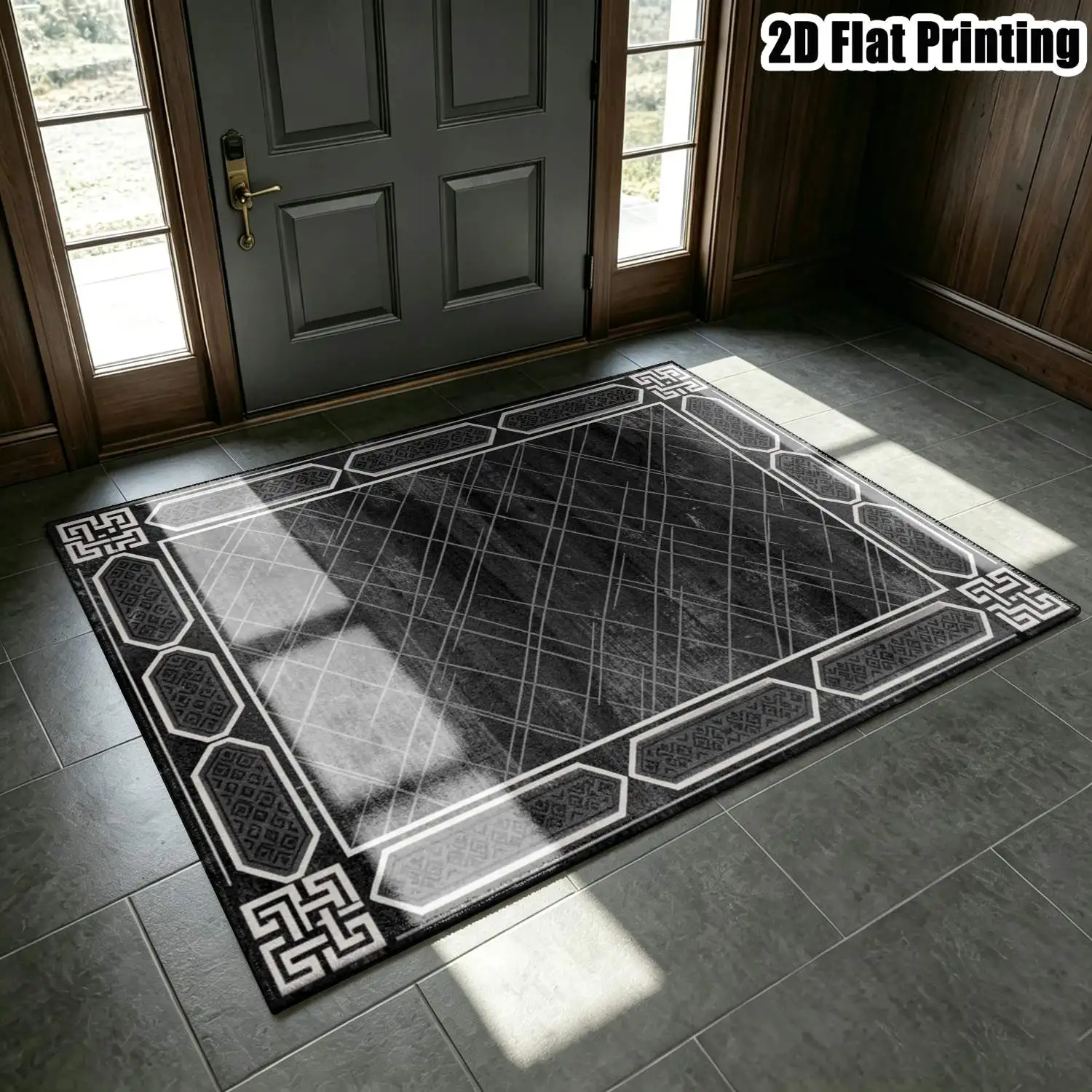 1Pc 2D Printed Retro Geometric Black&Gray Carpet, Modern Simple, Fits European Decor, Multi-Size, Machine Washable, Ideal for Entrance, Dining, Foyer, Bedroom, Study, Living Room