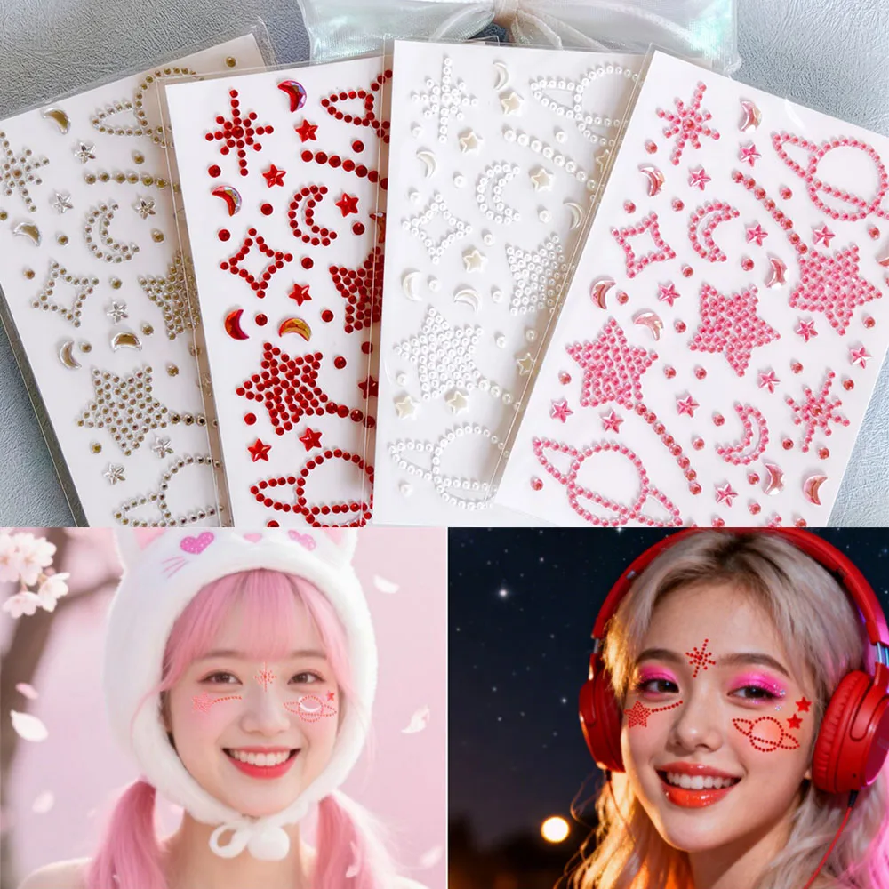 1 ورقة نجمة القمر كوكب الوجه جوهرة ملصقات أحمر وردي فضي واضح ذاتية اللصق بلينغ حجر الراين الوجه الشارات المهرجانات الوجه ديكورا #1