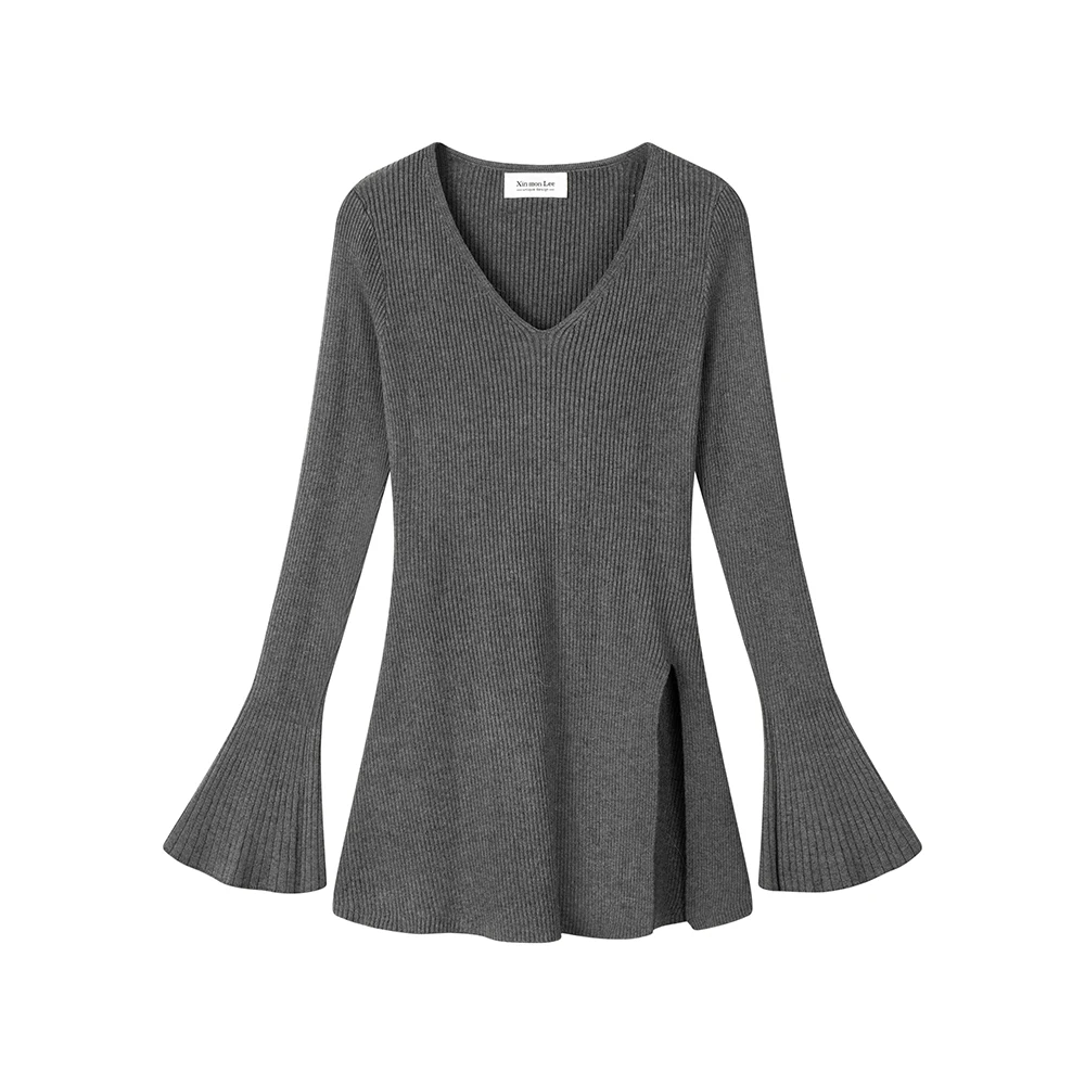 

French Style V Neck Sweater Women Autumn Winter Solid Color Slim Fit Flared Sleeve Side Split Knitted Pullover Top