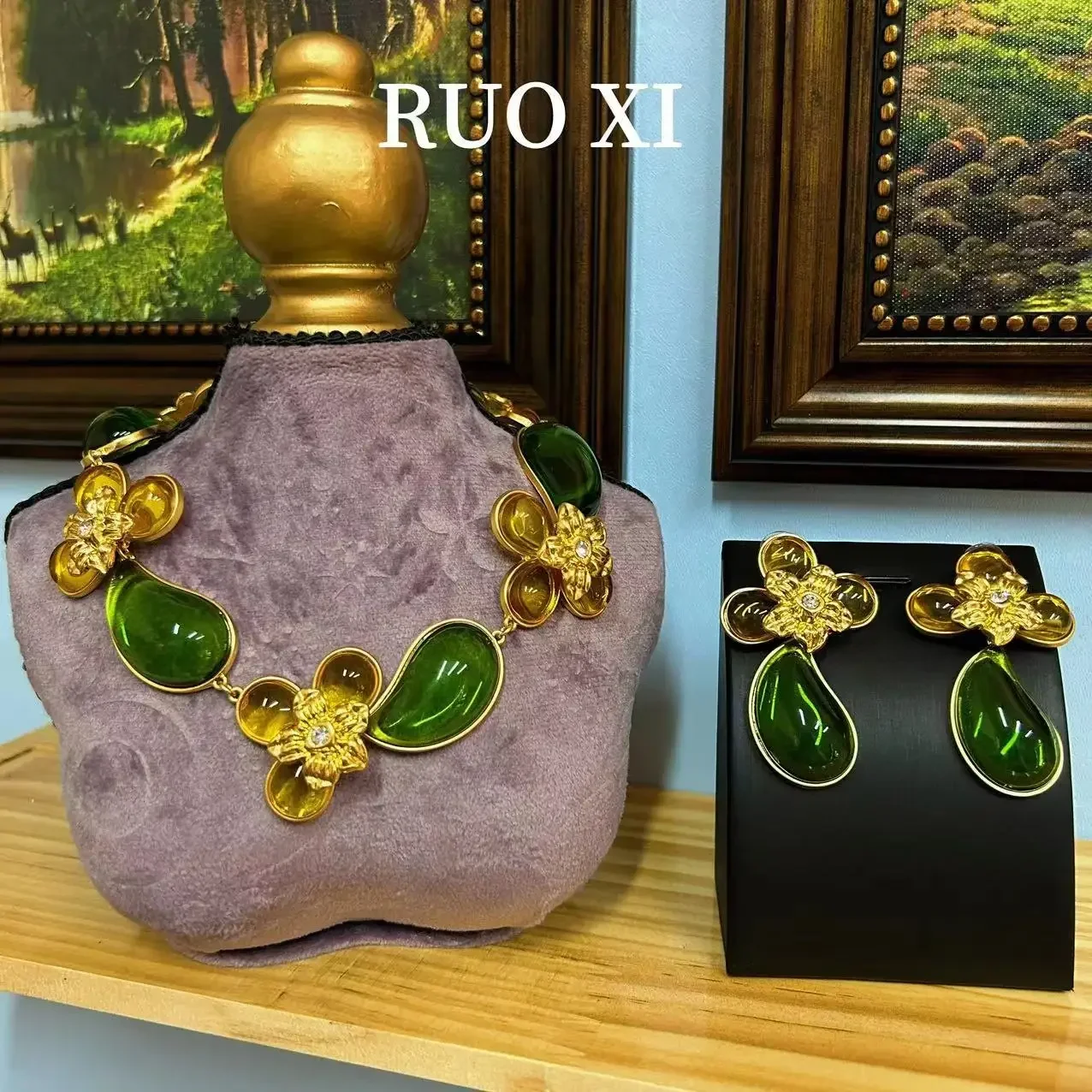 Jewelry Decoration Woman Earrings Gold Plated Flower Grandmother Glass Earrings Necklace Lady's Fashion Trendy Boutique Antique