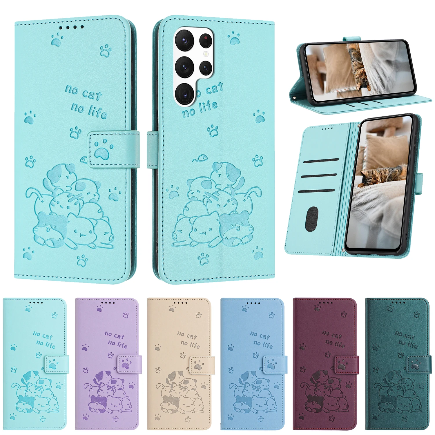 Prägung Katze Leder Telefon Brieftasche Fall Buch Für Samsung Galaxy S25 S24 S23 Ultra S22 S21 S20 FE S10 Plus A06 A16 A26 A36 A56 Abdeckung