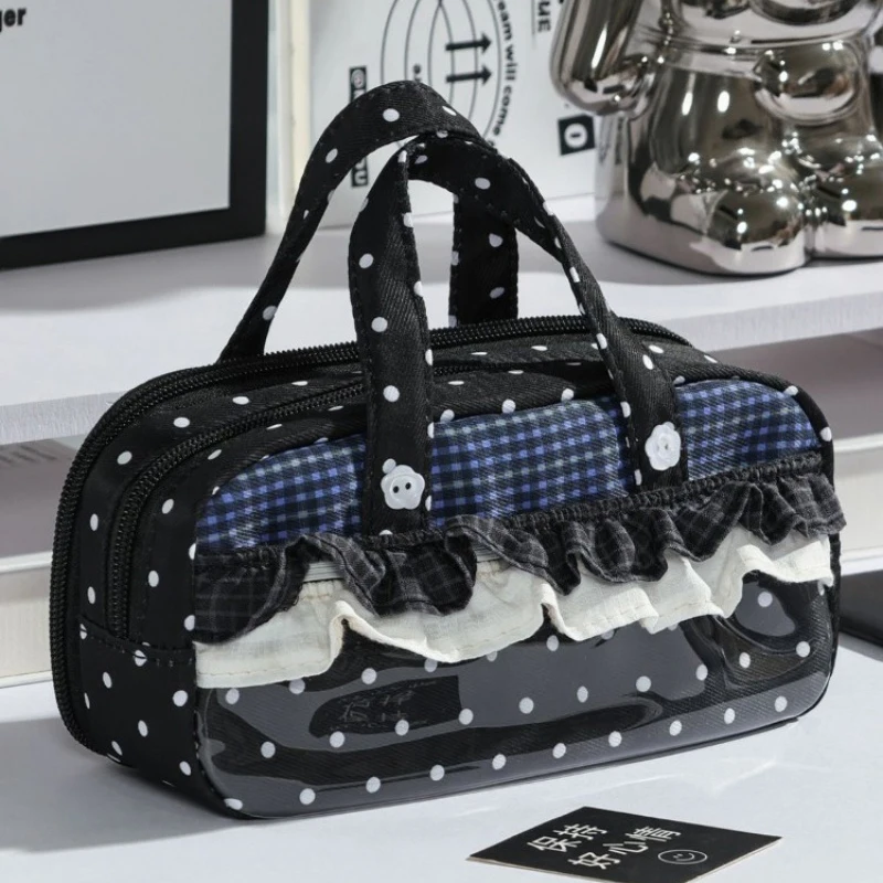 Korean Ruffled Plaid Polka Dot Makeup Bag Portable Handheld Pencil Case Large Capacity Student Stationery Storage Bag