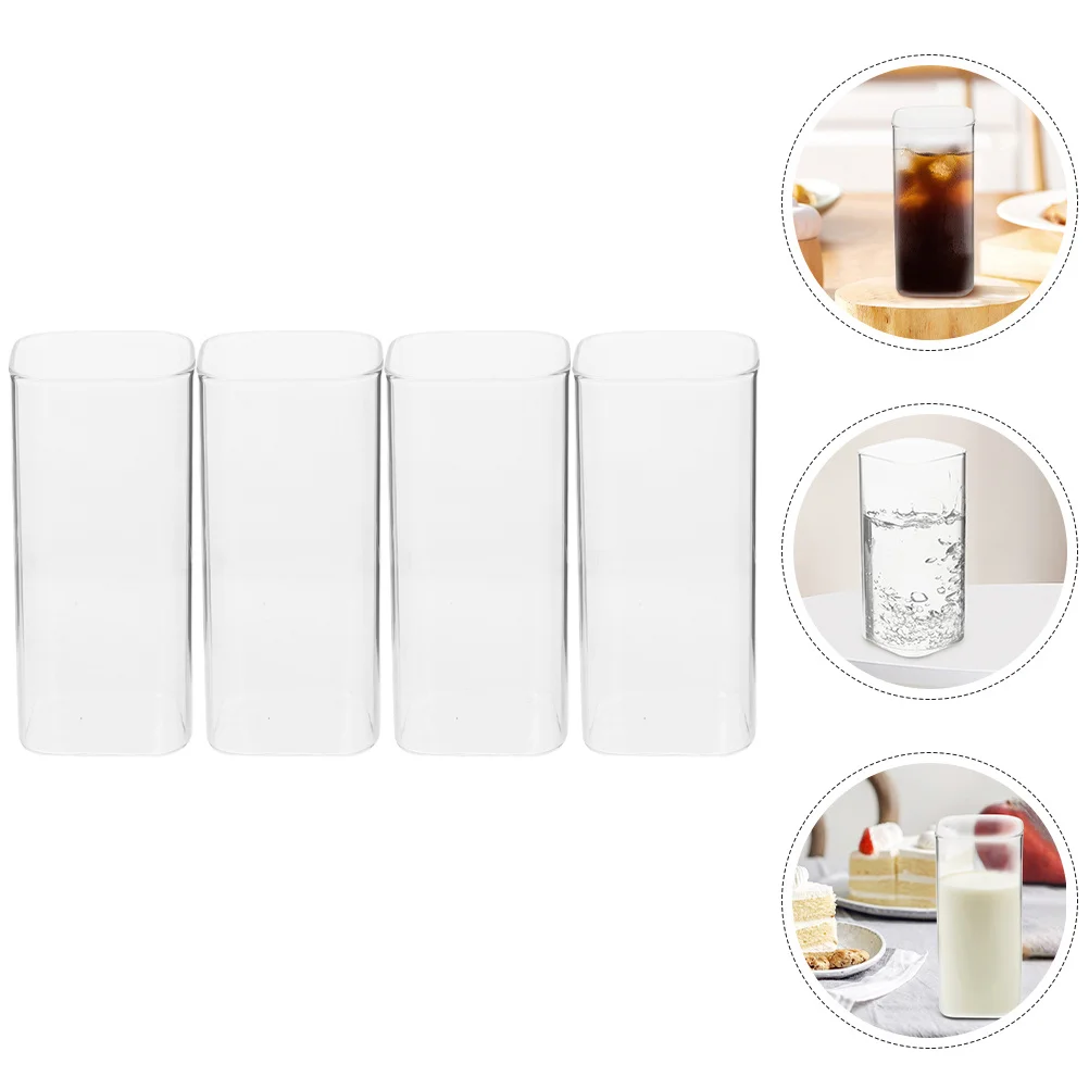 

4Pcs Glass Cups Set Tall Drinking Glasses 400Ml Square Base Premium Glass Water Cup for Kitchen Home Bar Coffee Tea Juice Beer