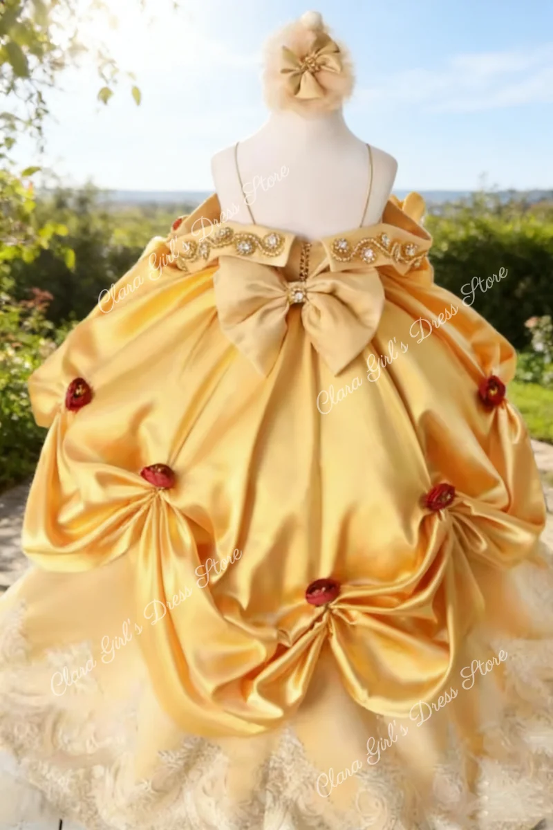 

Gold Bead Flower Girl Dresses Customized Off The Shoulder Little Girl Wedding Dress Pageant Dress Birthday Gowns