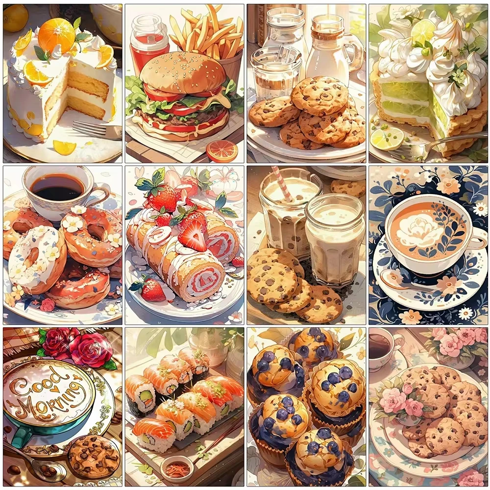 Gourmet Food and Dessert Diamond Painting, Whimsical Cakes, Burgers and Coffee Series Handmade Gift Home Decoration