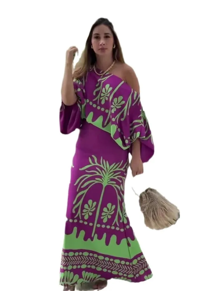 セクシーな女性用プリントツーピースセット 2026年春新作 オフショルダーシャツ ハイウエストロングスカートセット レディース服