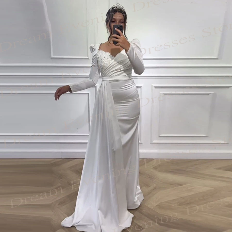 Popular Pretty White Women's Mermaid Modern Evening Dresses Charming V-Neck Crystal Prom Gowns Long Sleeve Beaded Robe De Soiree