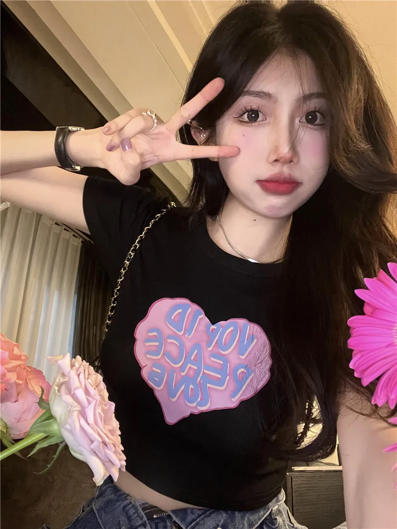 Camiseta de manga corta para mujer, Top corto ajustado con estampado de hermana Ins de verano