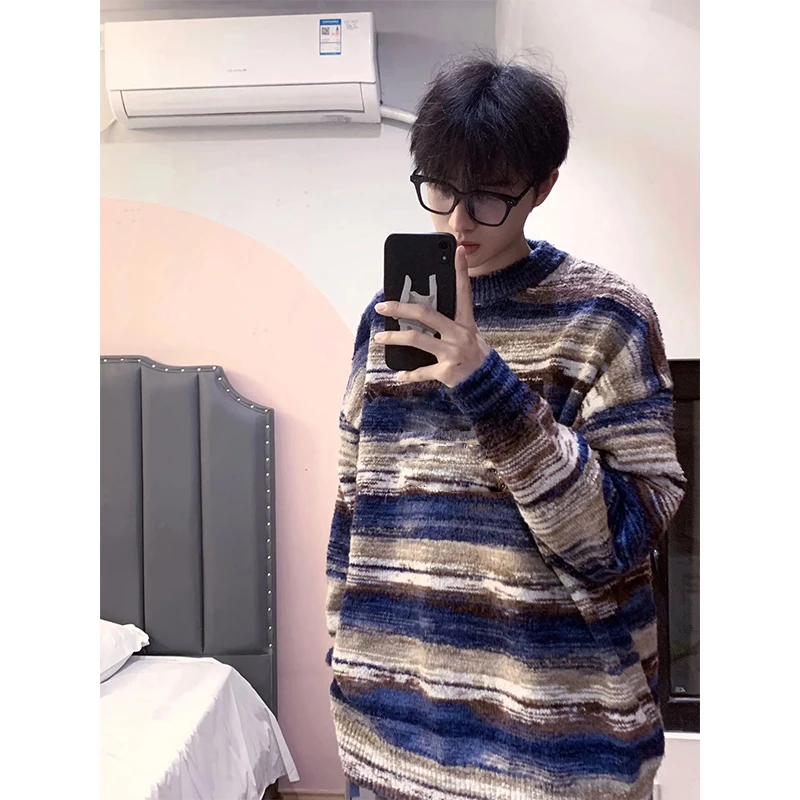 

Мужской вязаный свитер с круглым вырезом, зимний, в американском ретро-стиле, базовый, вязаный, в полоску, с цветовыми блоками, для повседневной носки