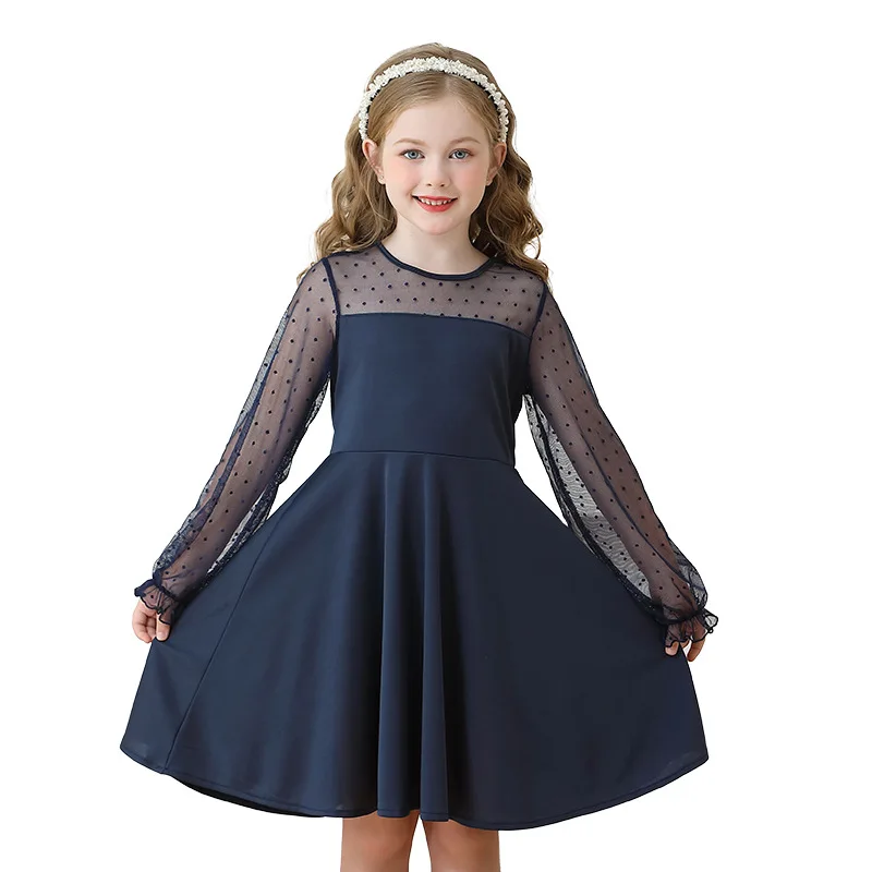 

2025 New Summer Girls' Mesh Lace Polka Solid Color High End Long Sleeve Ball Dress Dress