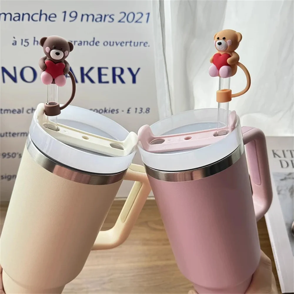 Kawaii Heart Straw Cover Cap For Stanley Cup Cute Bear 10mm Straw Topper For Tumbler Silicone Dust-Proof Straw Tip Cover