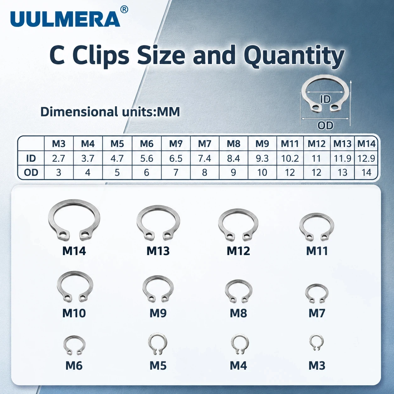 619pcs 304 Stainless Steel C Clip and E-Clips Assortment Kit External Retaining Rings Set Metric Snap Ring for Marine Auto