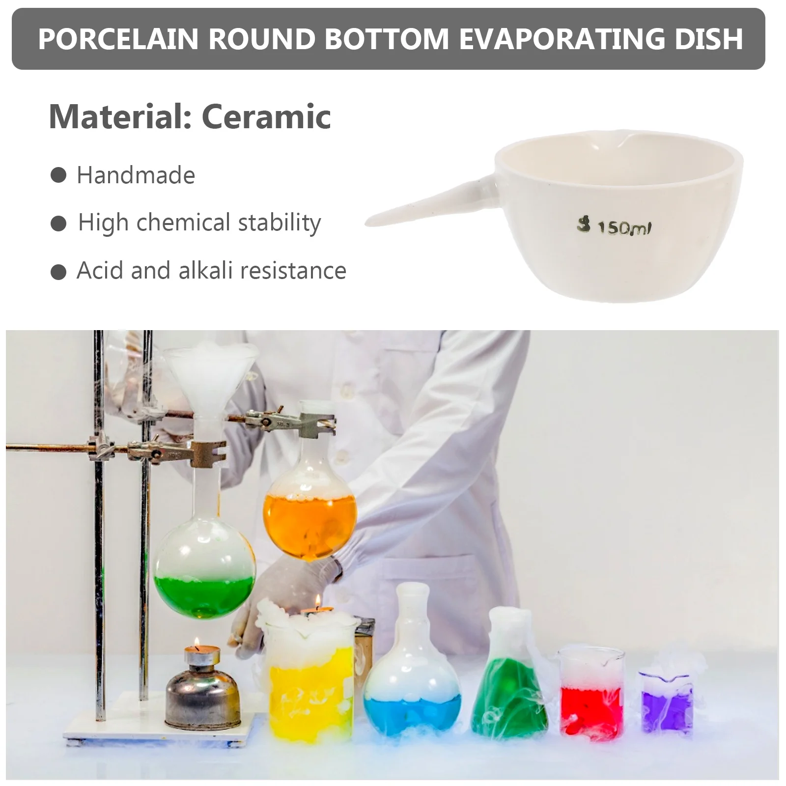 

2Pcs Ceramic Round Evaporating Basin Handle 150ml High Temperature Resistant Laboratory Evaporating Dish Stable Base