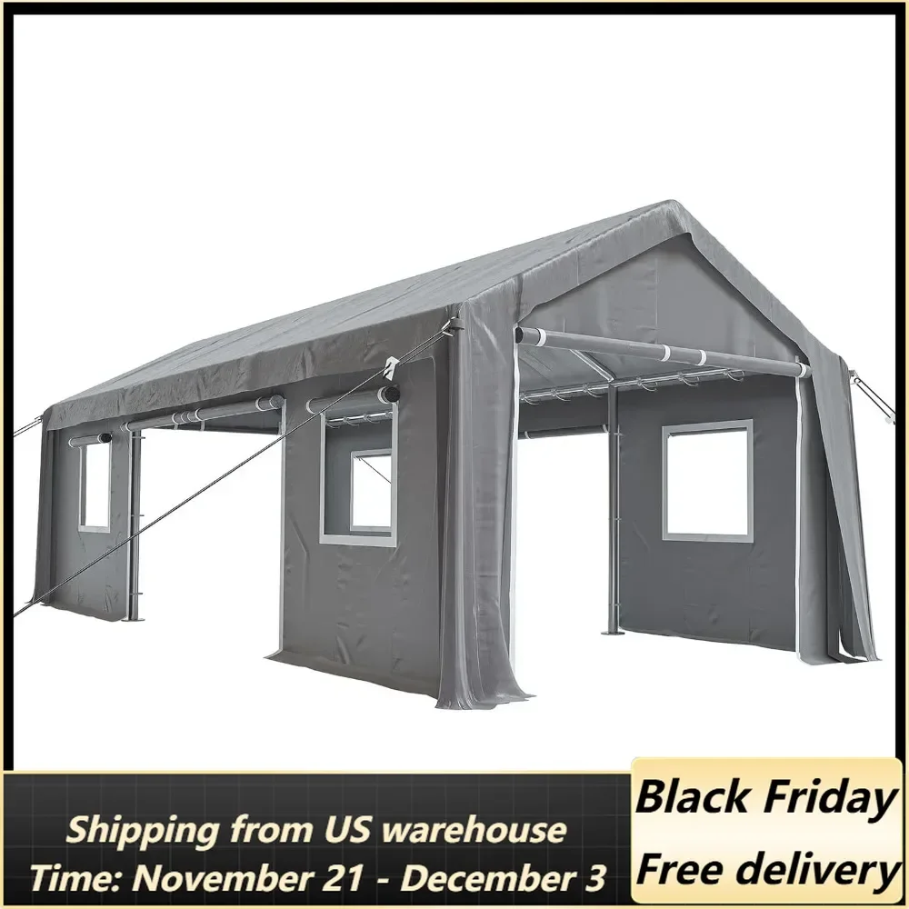 Heavy Duty Carport 12'x20'Portable Garage 4 Roll-up Doors & 4 Windows Waterproof Carport Canopy for Car Truck Boat, Gray