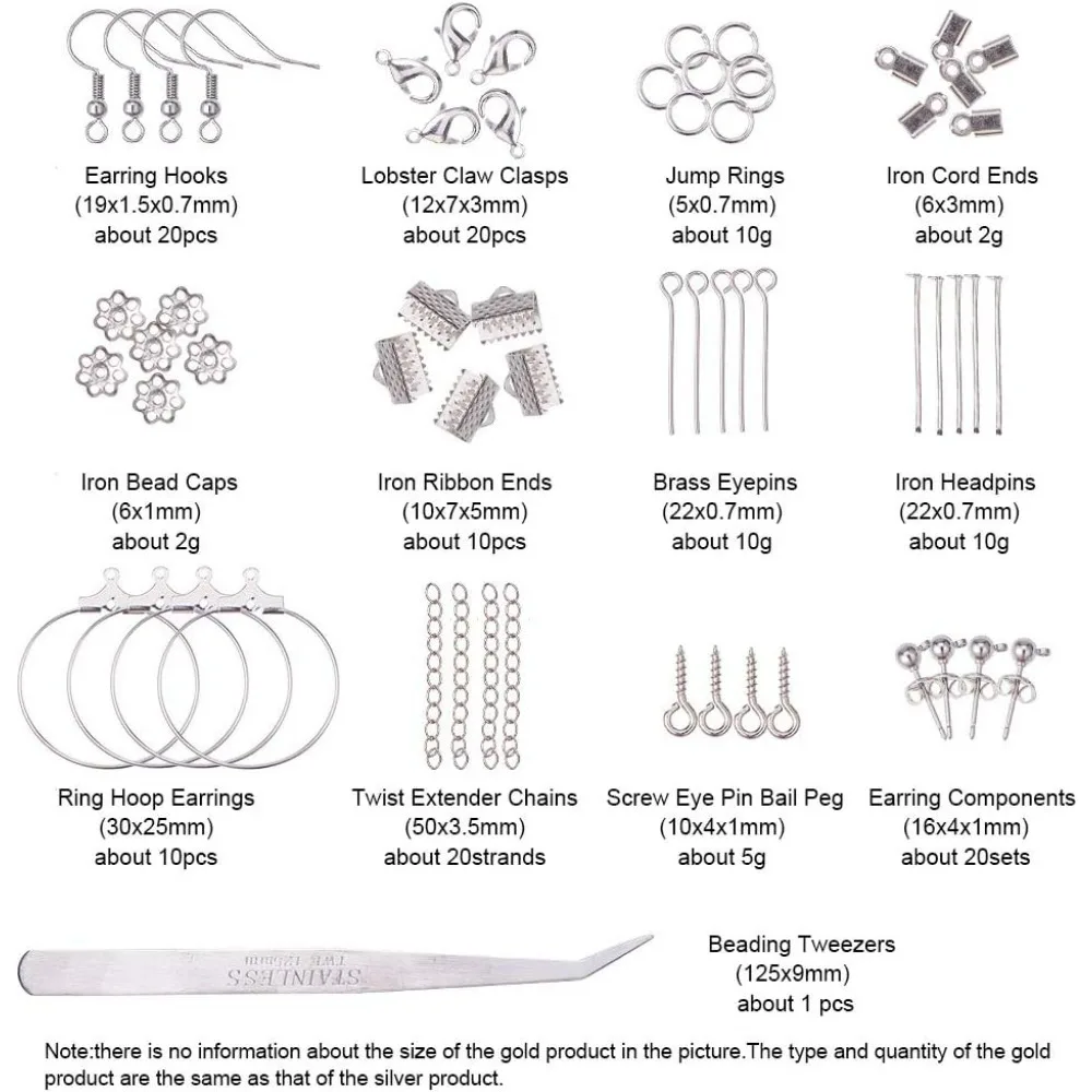 About 1480 Pcs Jewelry Finding Kits with Earring Hook Lobster Claw Clasps Ribbon Clamp End Jump Ring Cord End Flower Bead