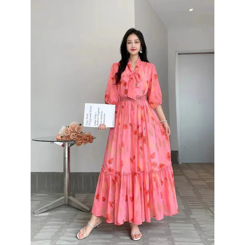 Floral Printed Bohemian Prairie Chic Bandage Puff Sleeve Fashion Female High Waist Casual Women Ladies Vintage Vestidos Dresses