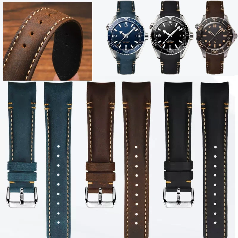 20mm 22mm Curved End strap For Omega Seamaster 300 600 AT150 men watch Wristbelt Arc Cow-leather vintage watchband Bracelet Acc