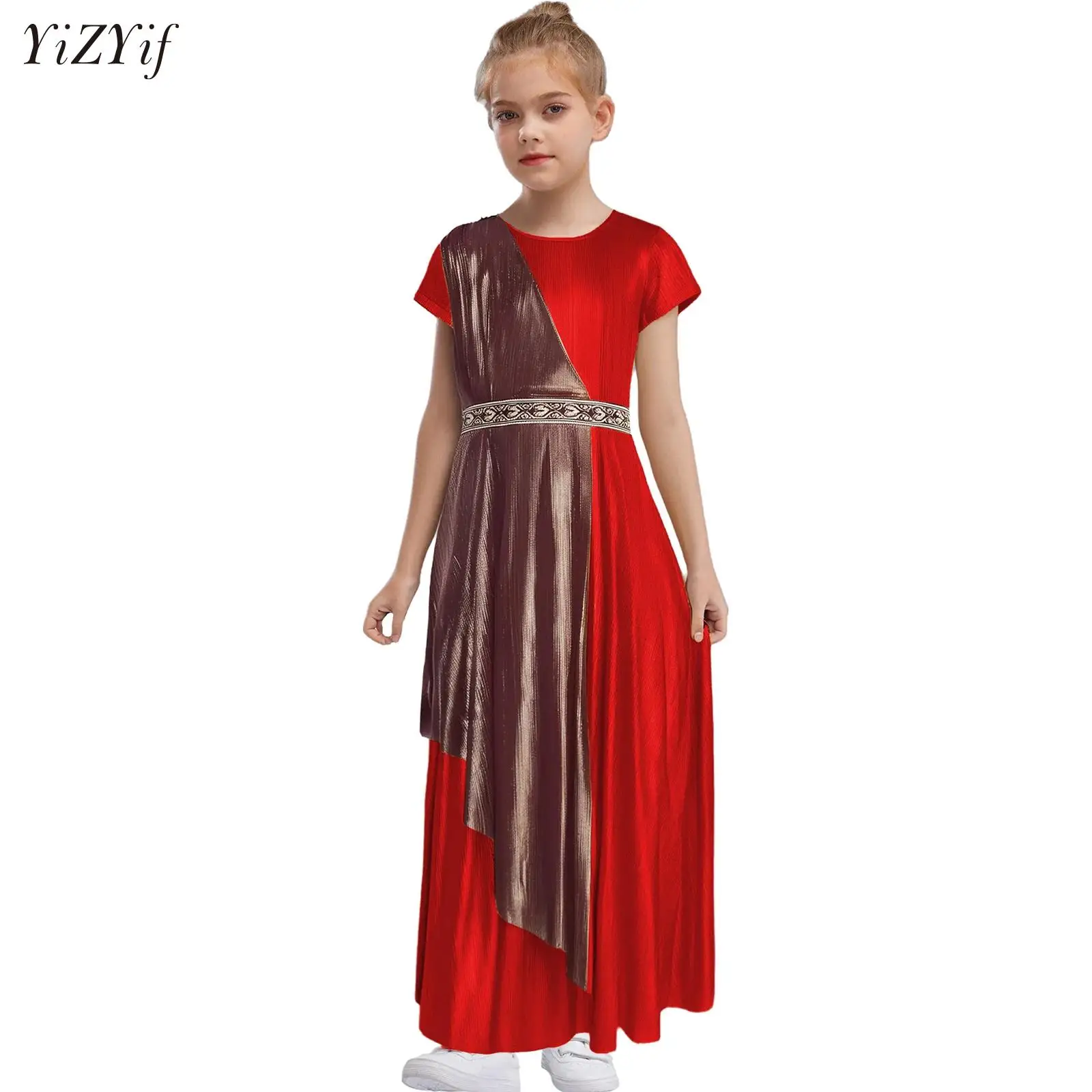 

Kids Halloween Greek Goddess Costume Girls Toga Athena Dress Vintage Waistband Metallic Robe Halloween Party Cosplay Costumes