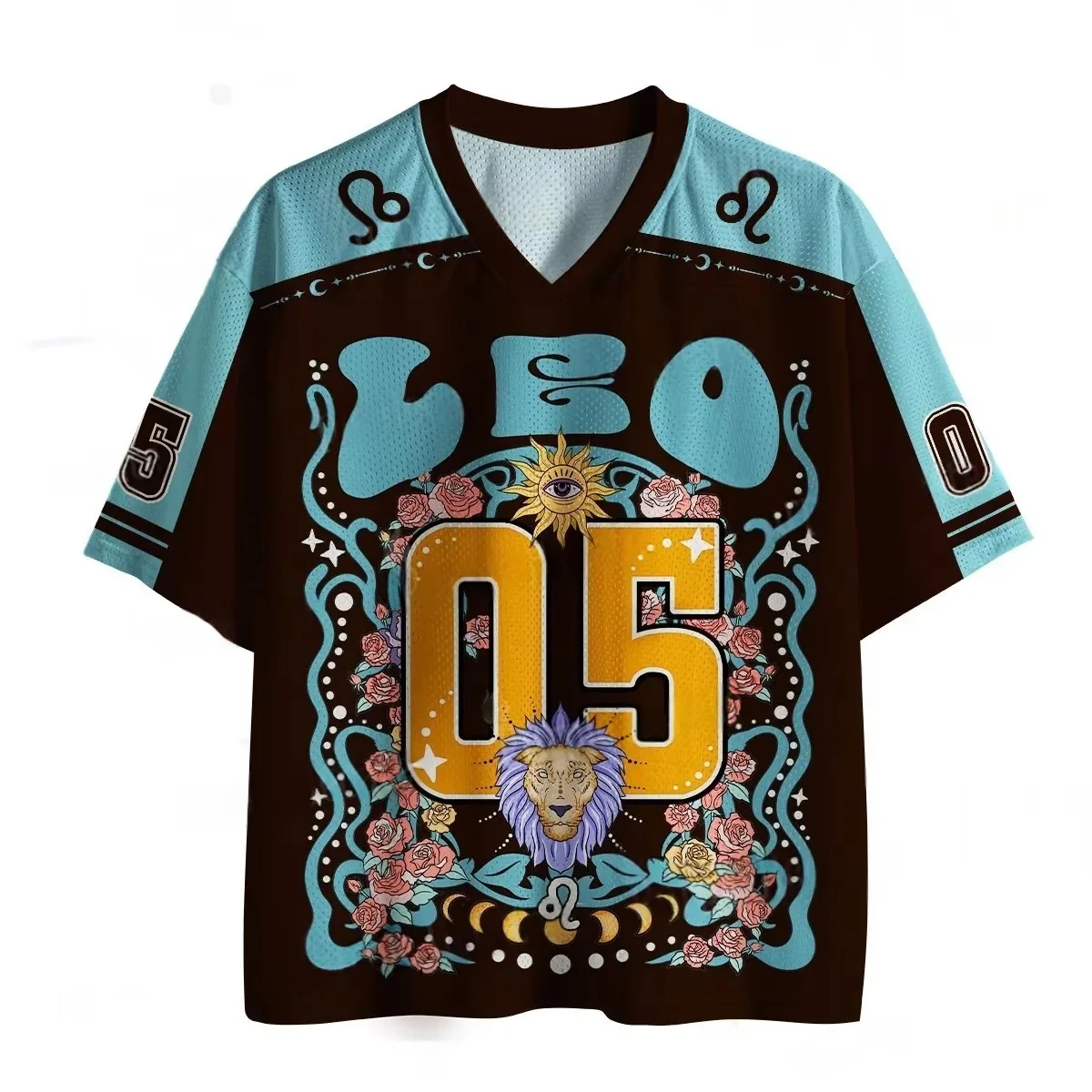 Unisex Summer Leo Zodiac Mesh T-Shirt—Retro Floral Lion Print V-Neck Short-Sleeve Sports T-Shirt Casual Party Short-Sleeve