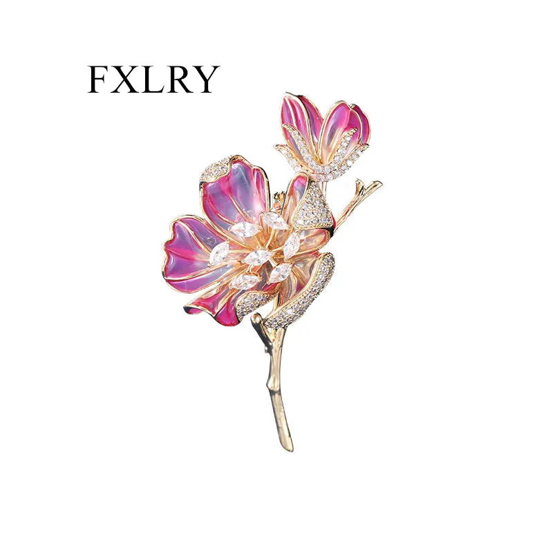 FXLRY Fashion Micro Paved Cubic Zirconia Exquisite High-Grade Painted Begonia Flower Brooch Ccoat Suit Accessories