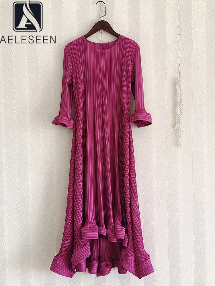 

AELESEEN Women Long Pleated Dress Spring Summer Runway Fashion Rose Red Pearls Belt Cascading Ruffles Irregular HolidayParty