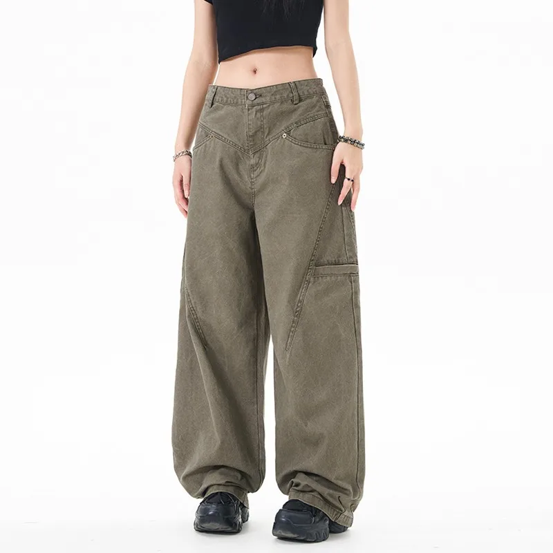 OR FL American Retro Vintage 100 Cotton Women Cargo Trousers Deconstructed Design Staraight Wide Leg Mop the Floor Casual Pants