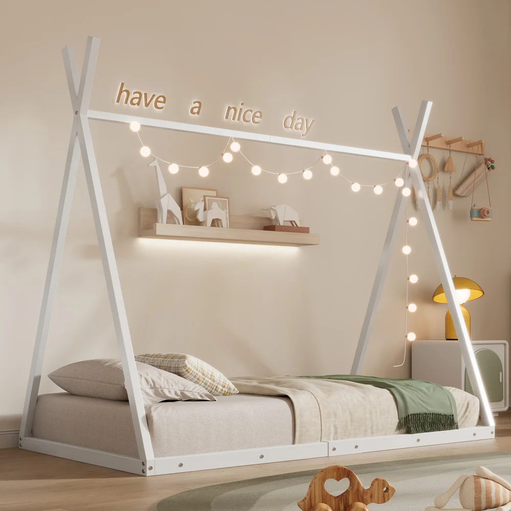 Stable children bed 90x200cm with triangle frame, white, robust iron frame bed