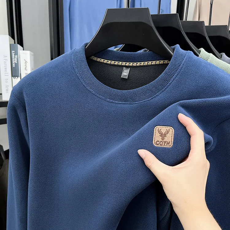 

Мужская утепленная флисовая толстовка с длинным рукавом, теплая осенне-зимняя, из смесового хлопка и полиэстера, с круглым вырезом