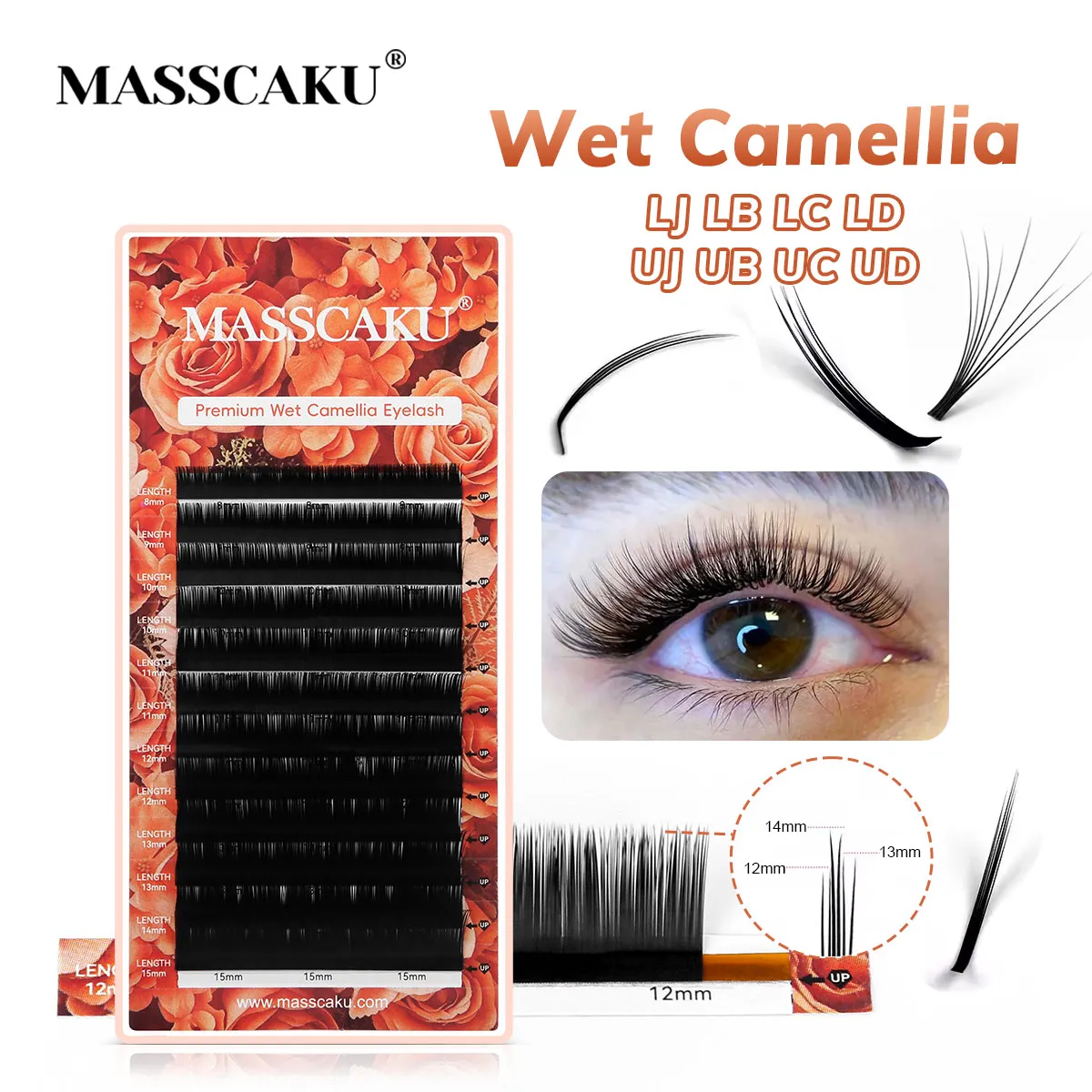 MASSCAKU NEW Wet Camellia Volume Lashes Eyelash Extensions D UB UC LJ LB Curl Autofan Cilios Soft Natural Lashes Wholesale