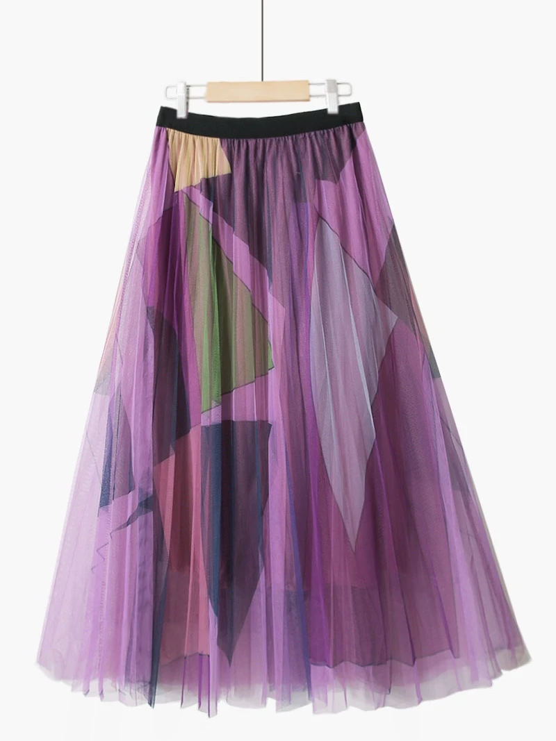 

Colors-block Long Casual Women's Tulle Skirt Mesh Female Summer A-line Skirt Korean Fluffy Lady Party Clothes