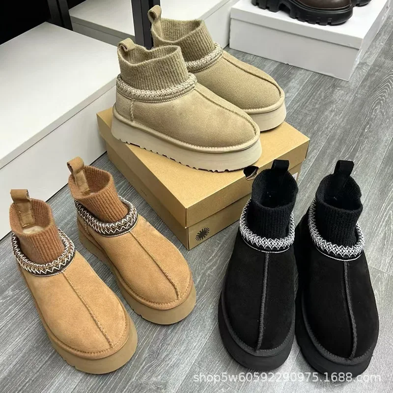 Hohe Schneestiefel, SGGU, für Damen und Herren, im ethnischen Stil, mit Schnürung, große Damengrößen, Baumwollstiefel, aus gestricktem Rindsleder, Wolle.