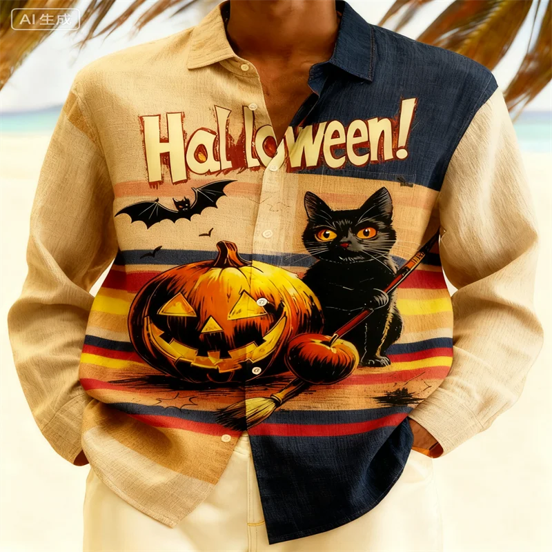 

2026 Holiday Halloween Art Print Men's Button Pocket Long Sleeve Shirt Casual Party Shirt Gift