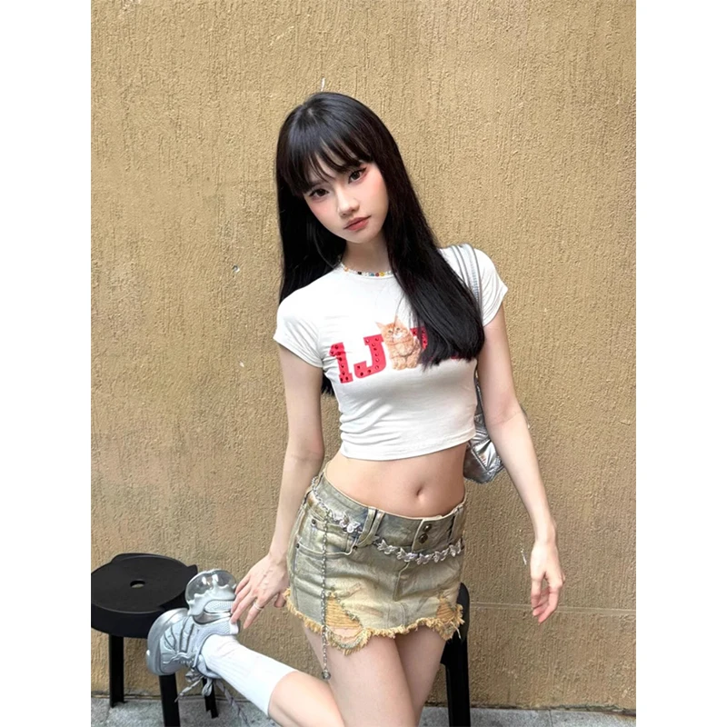 

American Style Y2k Millennium Spice Girls Washed Worn Gold Stamping Low Waist Denim Skirt Female Skinny-Wrapped Hip Skirt Trend