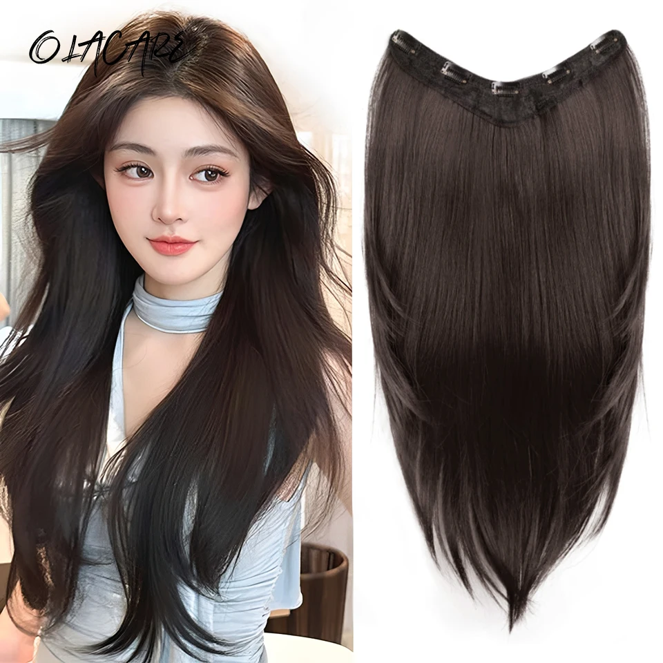 26Inch Synthetic Long Straight Layered V-Shaped Clip-in Hair Extension 4 Clip Heat Resistant Hairpiece for Women Daily Party