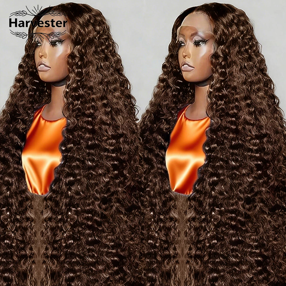 

200 Density Chocolate Brown Deep Wave Lace Front Human Hair Wig 40Inch Color Hd Lace Frontal Wig For Women 13x6 Water Curly Wigs