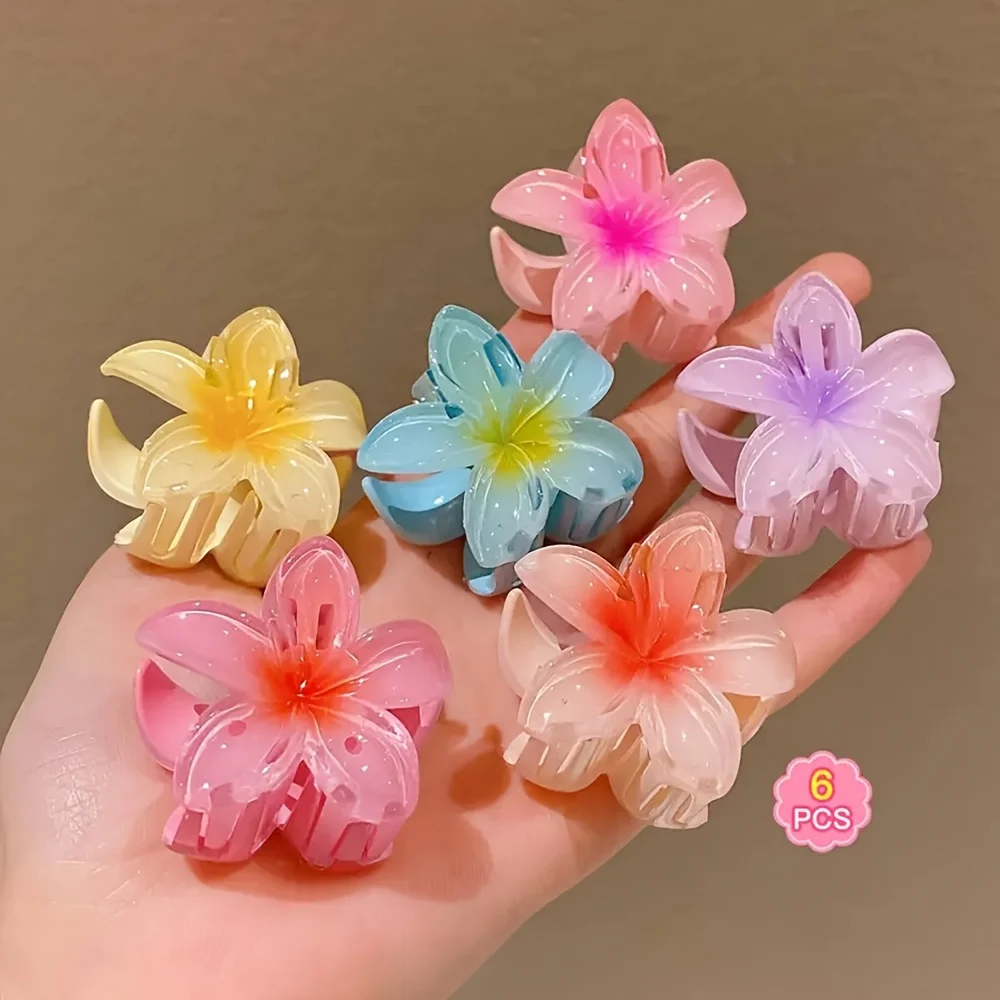 6 Stück Haarspangen mit Farbverlauf-Blumenmuster, aus Polyestergewebe, in verschiedenen Farben, mit Popkultur-Motiv, im modischen Design. – Detail 1
