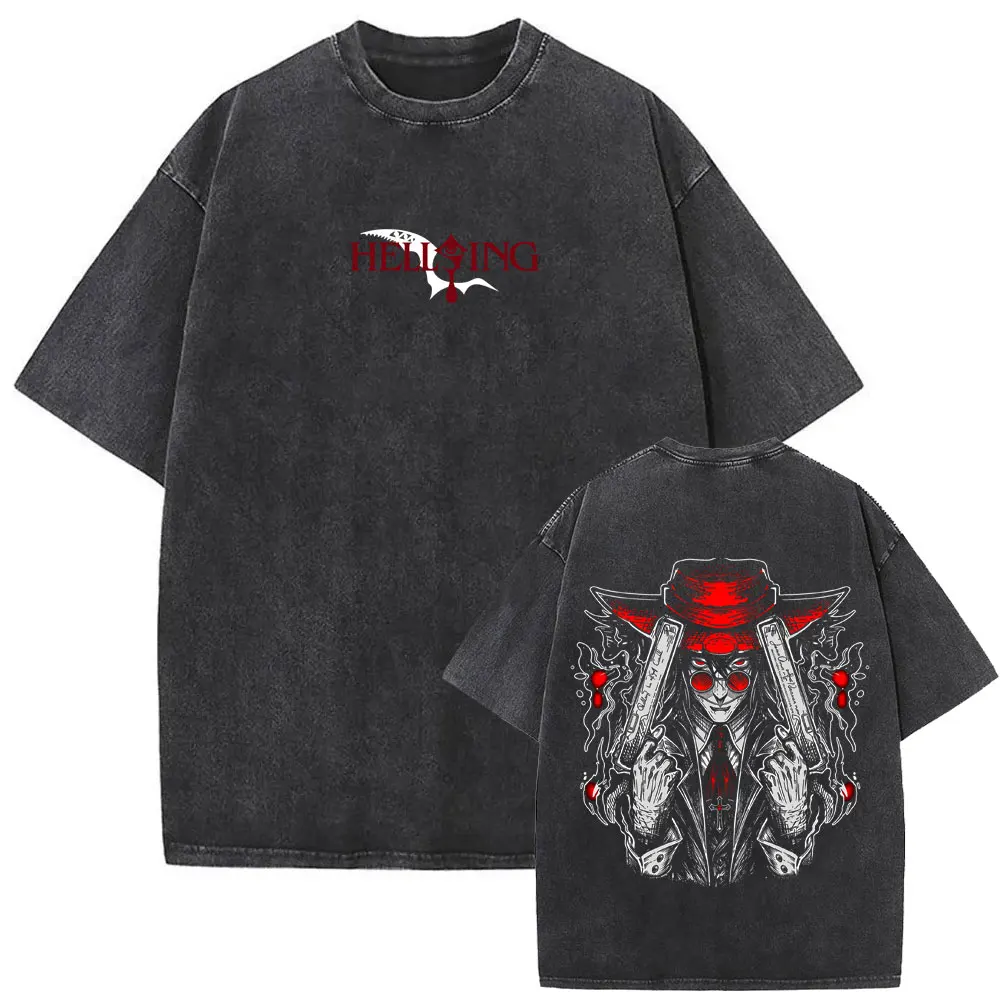 Washed Vintage Anime Hellsing Vampire Alucard Double Sided Print T-shirt Men Women Retro Manga Oversized T Shirt Male Streetwear
