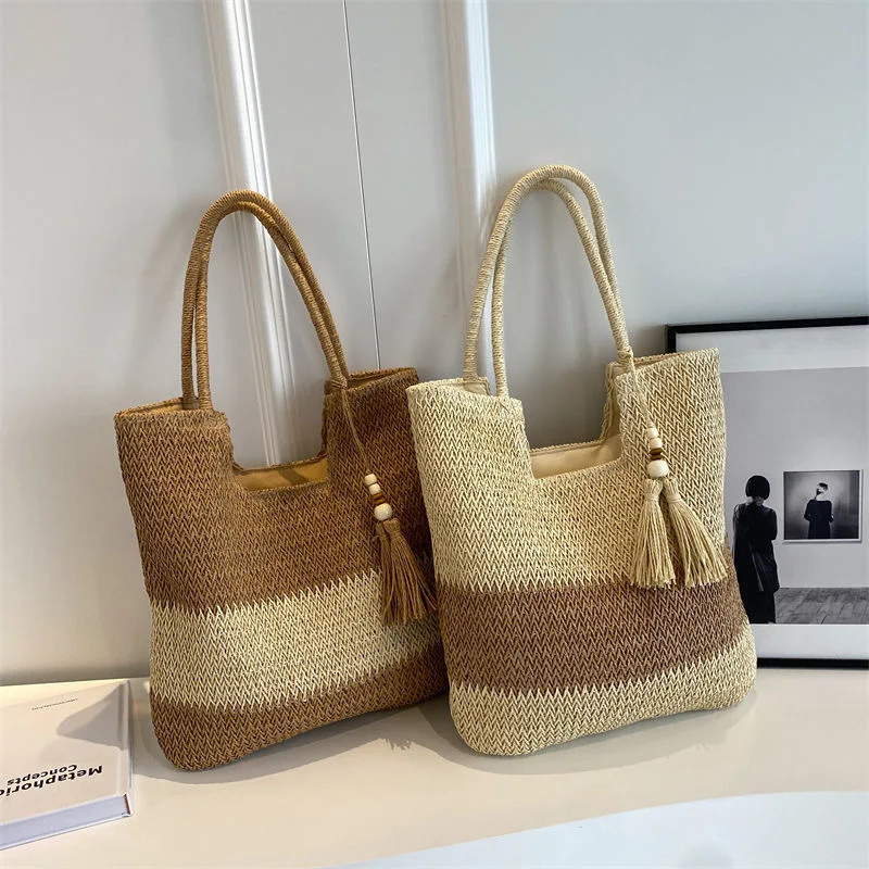 

2025 женская летняя новая модная соломенная пляжная сумка в китайском стиле, тканая сумка на плечо, сумка с кисточками, сумка подмышками, соломенная тканая сумка