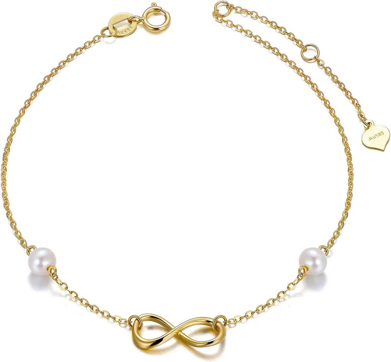 

14k Gold Infinity Anklets for Women, Real Pearl Love Knot Ankle Bracelet Jewelry Gifts for Her, 8.6-10.2 Inch