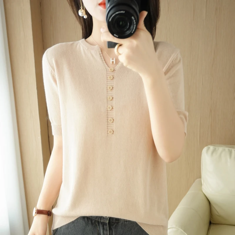 Summer New Short-sleeved Women V-Neck Slim 100% Cotton Pullover Vest T-shirt Button Decoration Knitted Base Casual Sweater