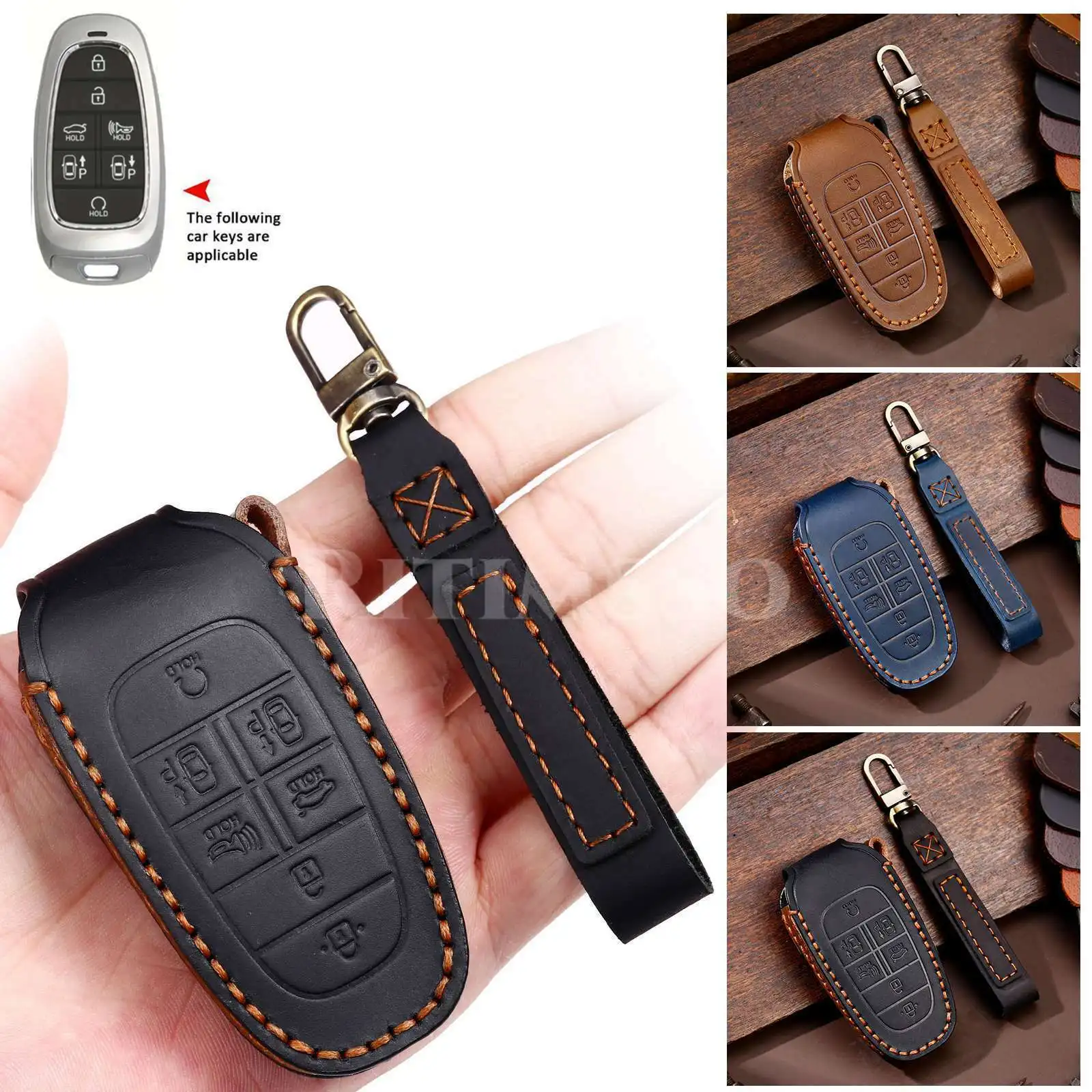

Leather Remote Fob Smart Protective Key Cover for Hyundai Sonata Tucson Santa Fe 7 Buttons Key Case with Keychain