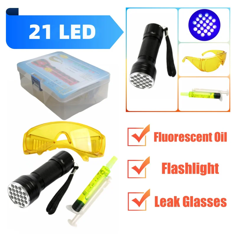 Car Air Conditioning A/C System Leak Test 21 LED UV Flashlight Detector Kit Aluminum Alloy Protective Glasses UV Dye Repair Set