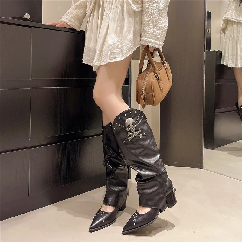 

Женские высокие сапоги на толстом каблуке с острым носком, модные ботинки до середины икры, осенне-зимние женские современные съемные брюки, ботильоны