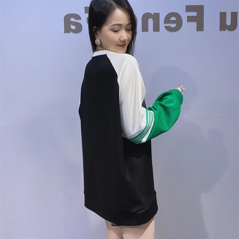 European Hot Diamond Sweatshirts Women's Autumn Coat Loose Fashion Round Neck Space Cotton Splicing Color Cartoon Sweatshirt