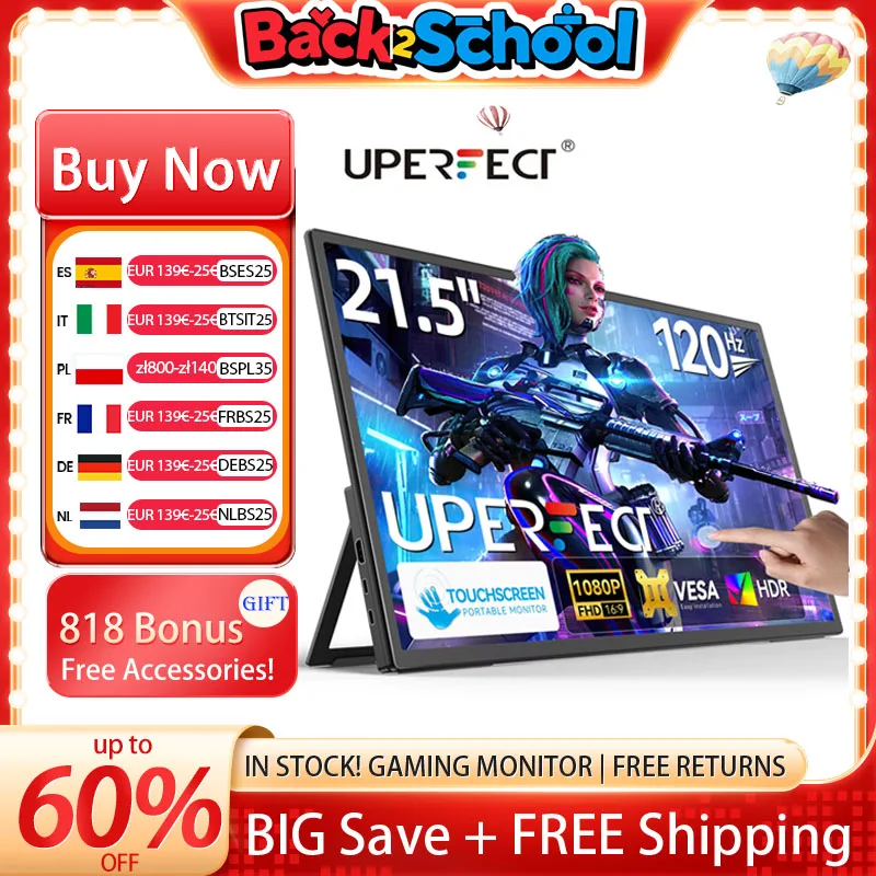

UPERFECT 21,5 "120 Гц сенсорный портативный монитор большой игровой дисплей с внешним экраном HDMI Type C для ноутбуков, телефонов, ПК