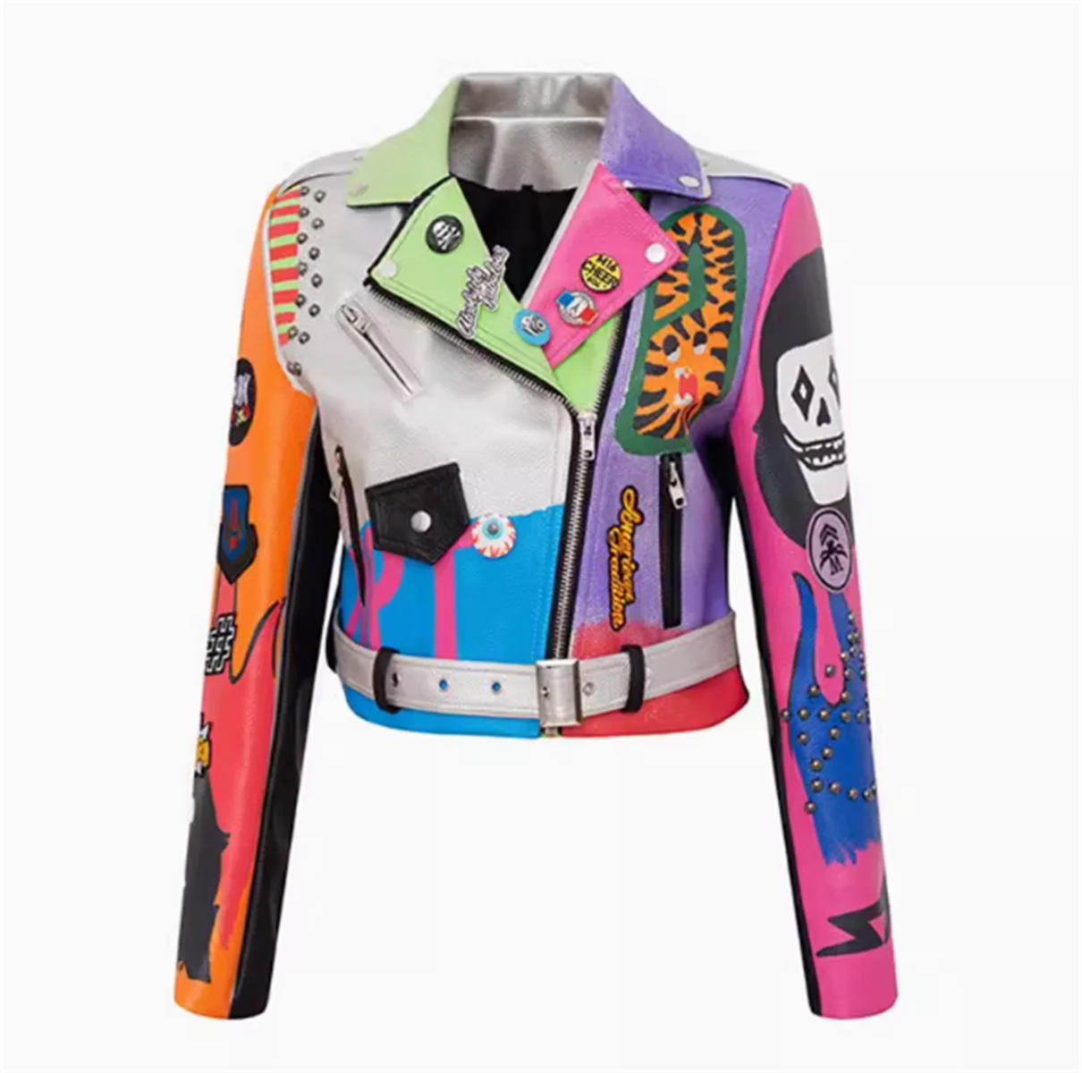 

Colorful PU Leather Jacket Rivet Women Graffiti Coat Short Pumk Spring Fashion Winter Vintage