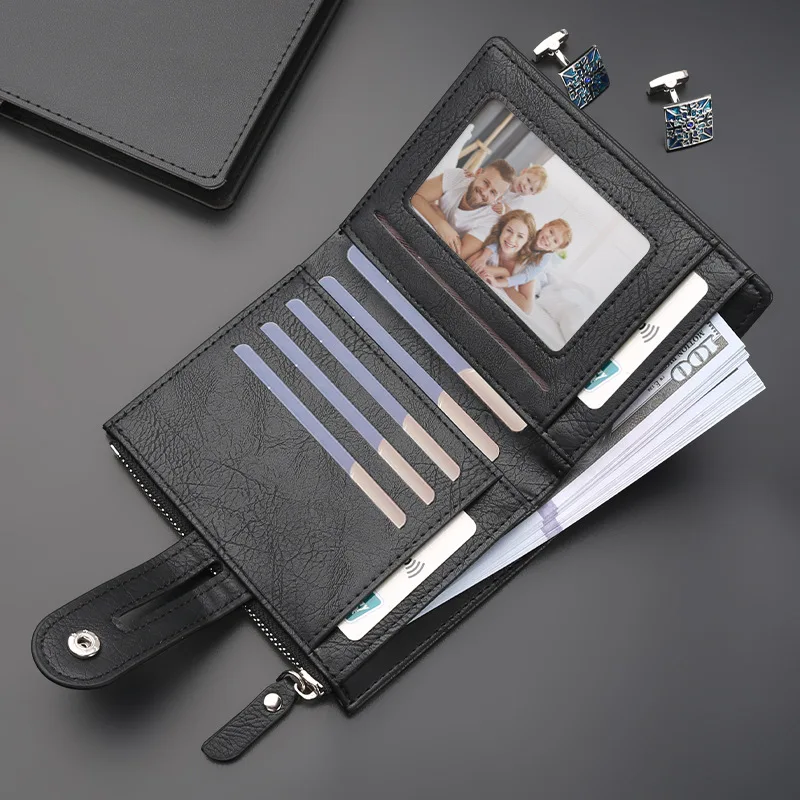 PU material Men Short Wallet Casual Multi Function with hasp Zipper Men Coin Purses Card Holder Solid Color Men Card Holder