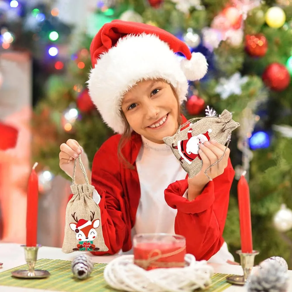 30pcs/lot 10*15cm Christmas Tree Elk Santa Claus Linen Drawstring Pouches Children Christmas Gift Candy Cookie Packaging Bags